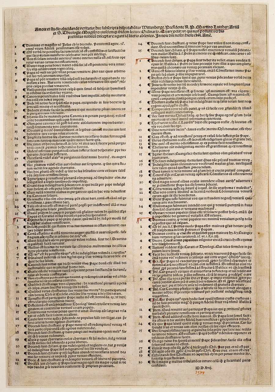 Página das 95 Teses em latim, impressa por Hieronymus Höltzel em Nuremberg em 1517.