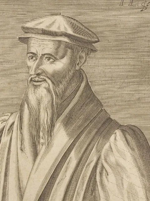 Gravura de Guillaume Farel com barrete e longa barba.