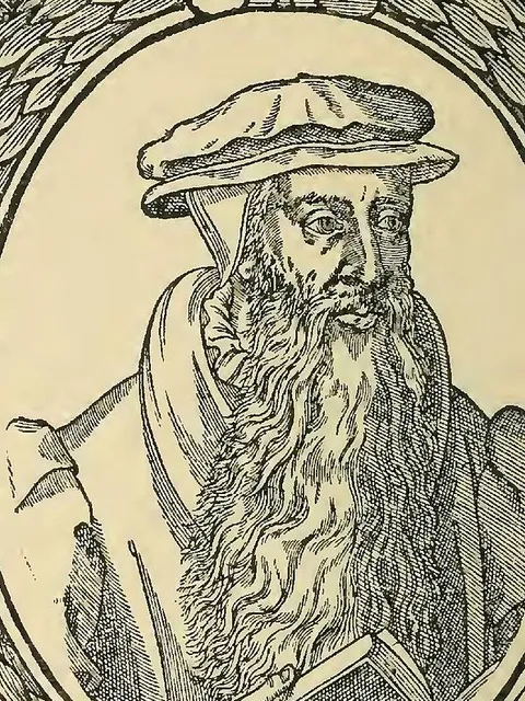 Xilogravura de John Knox com barrete e longa barba, numa moldura oval.
