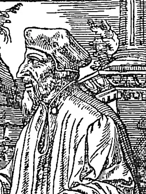 Xilogravura de John Wycliffe de perfil, com barrete, diante de uma estante.