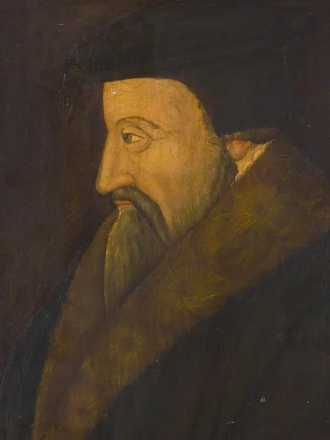 Retrato pintado de Teodoro de Beza de perfil, com barrete e gola de pele.