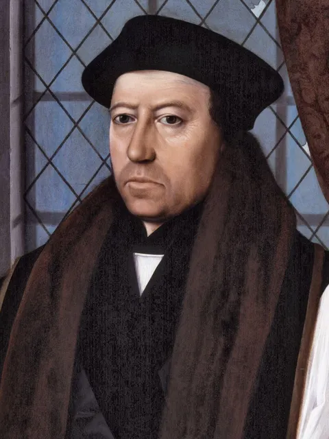 Retrato pintado de Thomas Cranmer com barrete preto e estola escura.