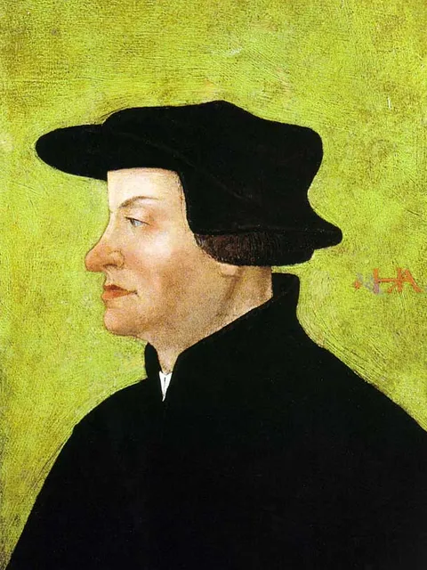 Retrato pintado de Ulrich Zuínglio de perfil, com barrete preto, sobre fundo verde.