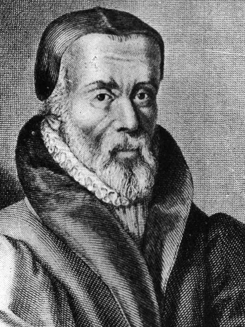Gravura de William Tyndale com gola de rufo e barba.