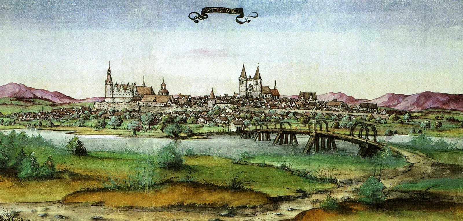 Desenho de Wittenberg em 1536, vista do rio Elba, com muralhas, torres e construções da cidade.